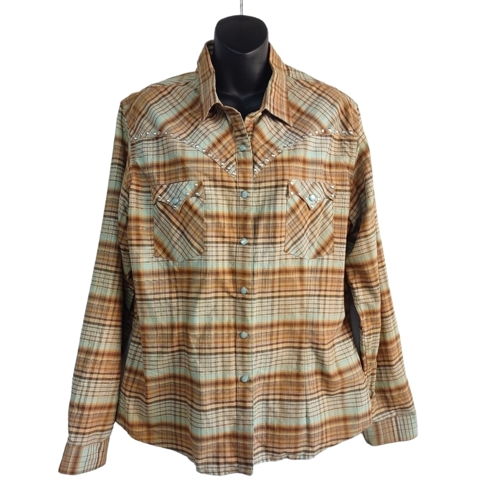 Rough Stock Women's Brown Blue Studded Plaid Button Down Shirt Size XL